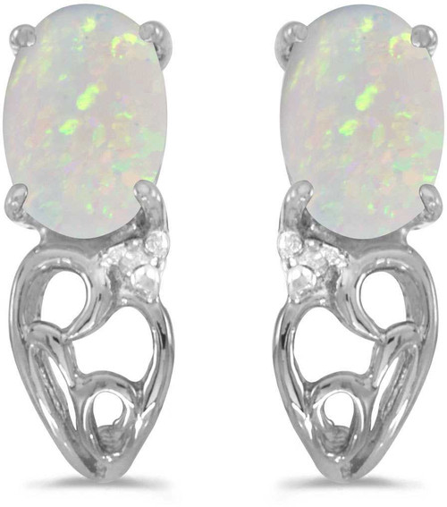 Image of 14k White Gold Oval Opal And Diamond Earrings (CM-E2582XW-10)