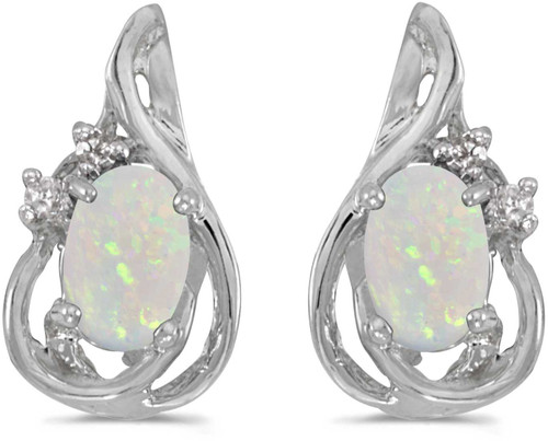 Image of 14k White Gold Oval Opal And Diamond Teardrop Stud Earrings