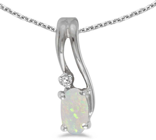 Image of 14k White Gold Oval Opal And Diamond Wave Pendant (Chain NOT included)