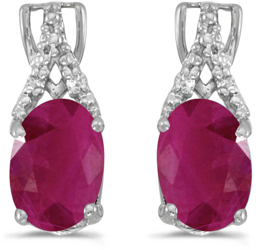 Image of 14k White Gold Oval Ruby And Diamond Stud Earrings