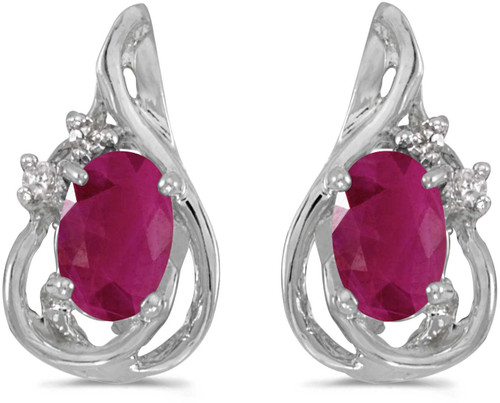 Image of 14k White Gold Oval Ruby And Diamond Teardrop Stud Earrings