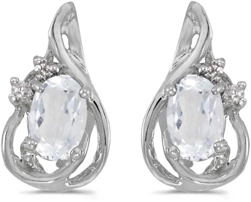 Image of 14k White Gold Oval White Topaz And Diamond Teardrop Stud Earrings