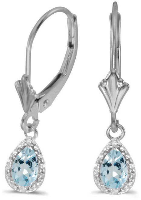 Image of 6mm 14K White Gold Pear Aquamarine & Diamond Leverback Earrings
