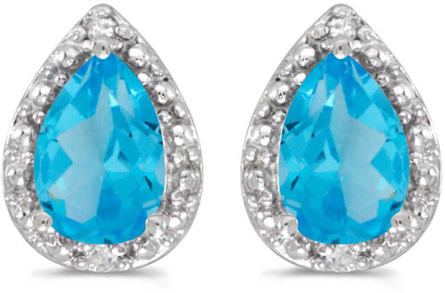 Image of 14k White Gold Pear Blue Topaz And Diamond Stud Earrings