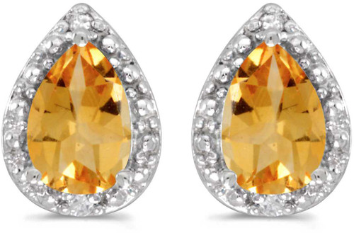 Image of 14k White Gold Pear Citrine And Diamond Stud Earrings
