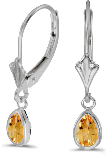Image of 14k White Gold Pear Citrine Bezel Lever-back Earrings