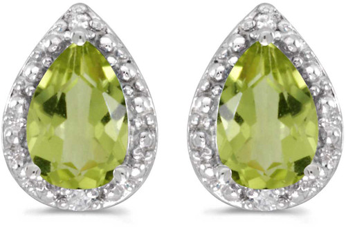 Image of 14k White Gold Pear Peridot And Diamond Stud Earrings