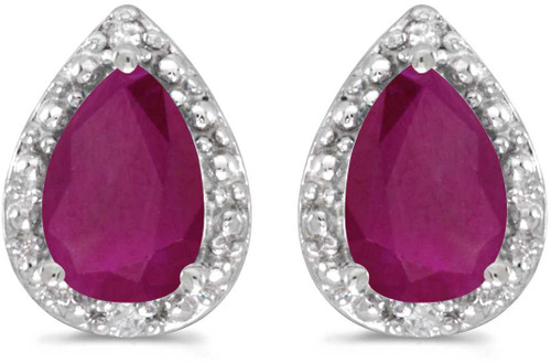 Image of 14k White Gold Pear Ruby And Diamond Stud Earrings