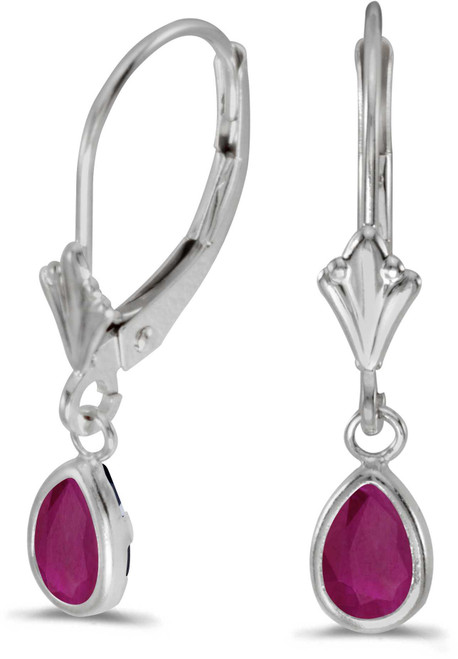 Image of 14k White Gold Pear Ruby Bezel Lever-back Earrings