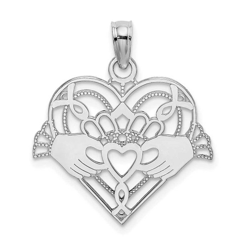 Image of 14K White Gold Polished & Beaded Claddagh In Heart Pendant