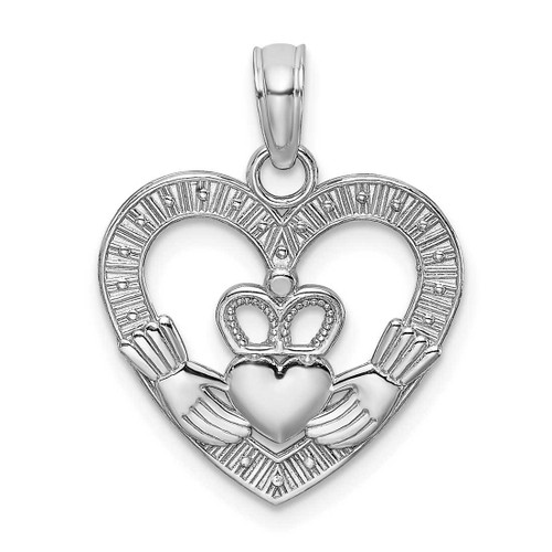 Image of 14K White Gold Polished & Textured Heart Claddagh Pendant