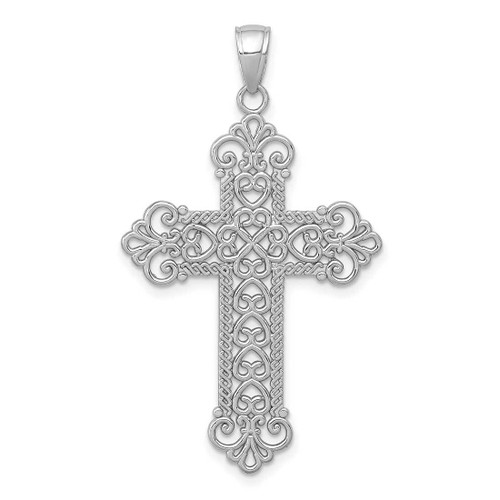 Image of 14K White Gold Polished Large Rope Frame Filigree Cross Pendant