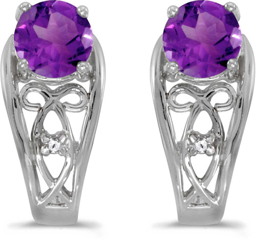 Image of 14k White Gold Round Amethyst And Diamond Earrings