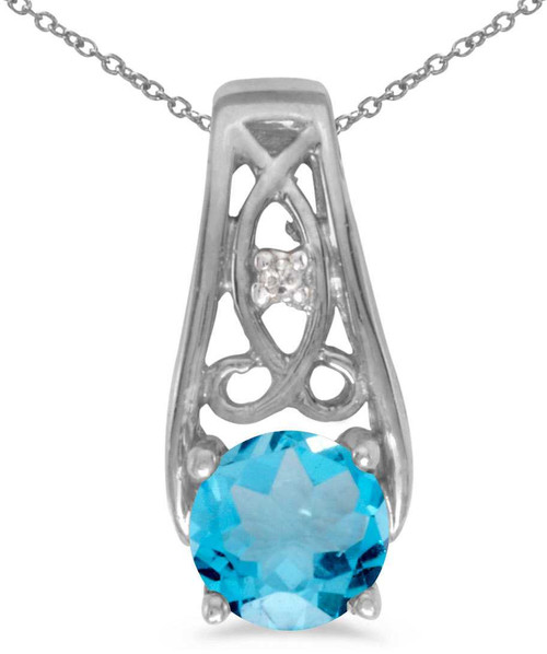 Image of 14k White Gold Round Blue Topaz And Diamond Pendant (Chain NOT included)