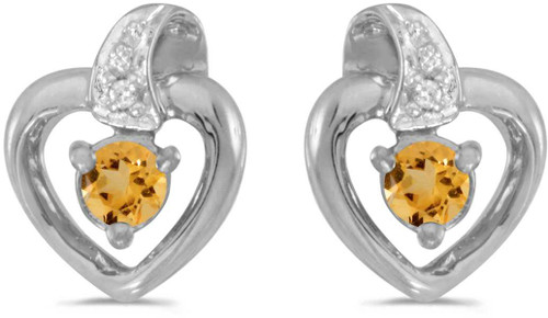 Image of 14k White Gold Round Citrine And Diamond Heart Stud Earrings