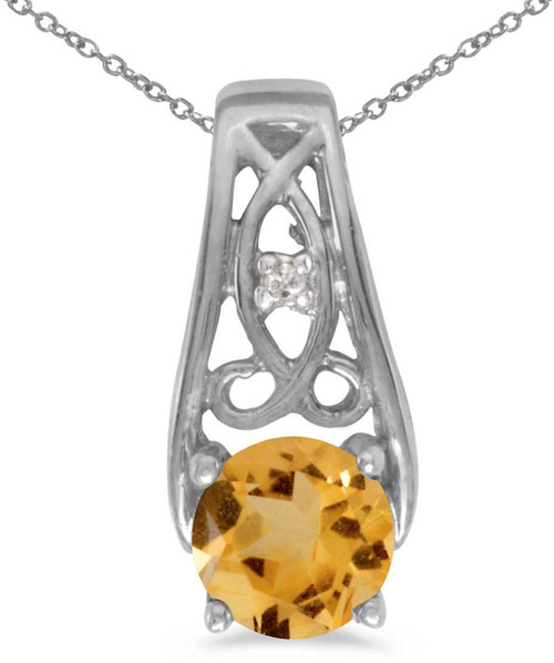 Image of 14k White Gold Round Citrine And Diamond Pendant (Chain NOT included)