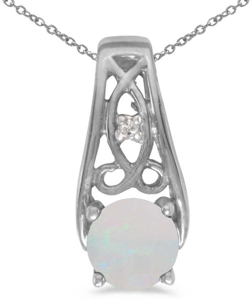 Image of 14k White Gold Round Opal And Diamond Pendant (Chain NOT included)