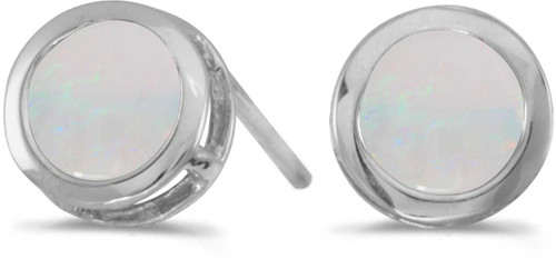 Image of 14k White Gold Round Opal Bezel Stud Earrings