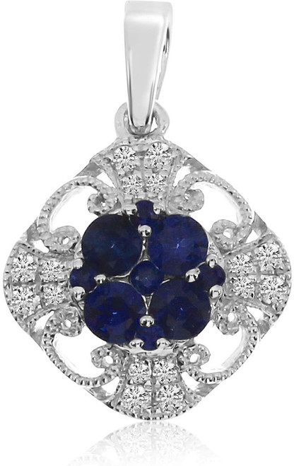 Image of 14K White Gold Round Sapphire & Diamond Filigree Pendant (Chain NOT included)