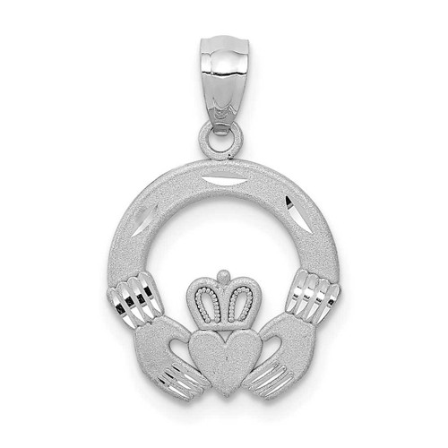 Image of 14K White Gold Solid Shiny-Cut Claddagh Pendant