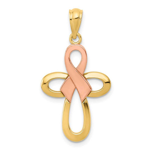 Image of 14K Yellow & Rose Gold Polished Pink Awareness Ribbon Cross Pendant