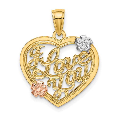 Image of 14k Yellow & Rose Gold w/Rhodium I Love You Heart w/Flowers Pendant