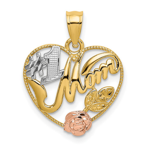 14k Yellow & Rose Gold with Rhodium #1 Mom In Heart Pendant
