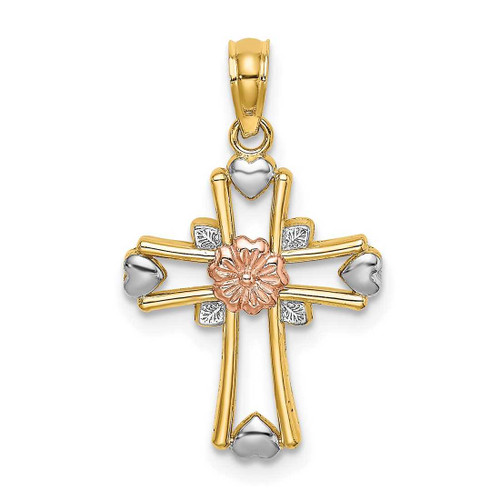 Image of 14k Yellow & Rose Gold with Rhodium Cross w/ Flower & Heart Pendant