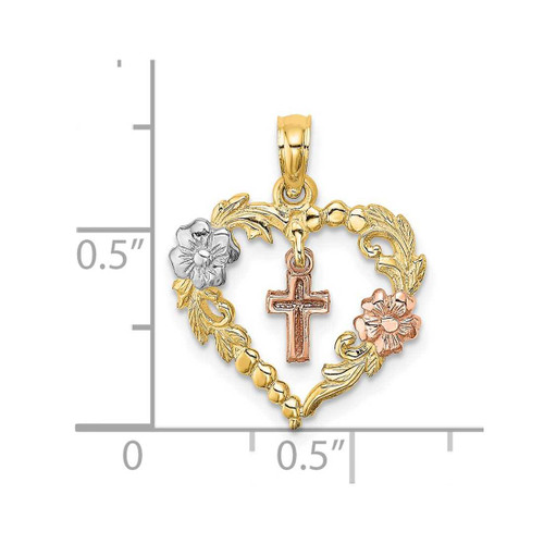 Image of 14k Yellow & Rose Gold with Rhodium Heart w/ Dangle Cross & Flowers Pendant