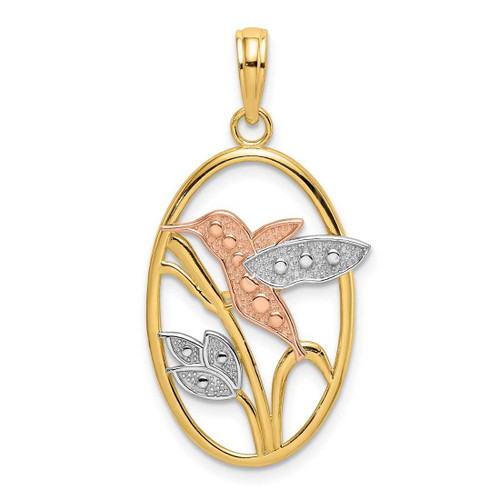 Image of 14k Yellow & Rose Gold with Rhodium Hummingbird & Flowers In Oval Frame Pendant