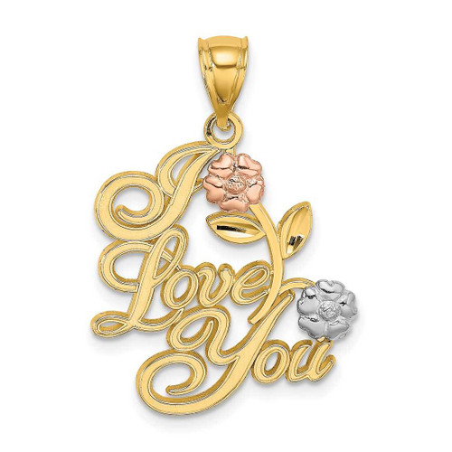 Image of 14k Yellow & Rose Gold with Rhodium I Love You Script w/ Two Flowers Pendant