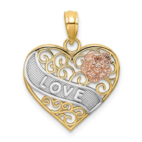 Image of 14k Yellow & Rose Gold with Rhodium Love Banner on Filigree Heart Pendant