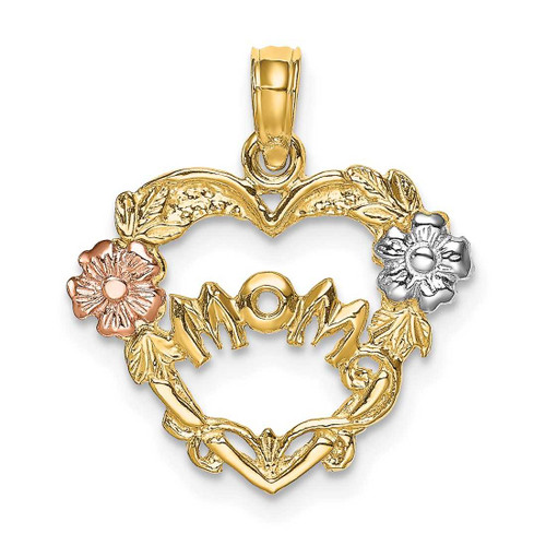 Image of 14k Yellow & Rose Gold with Rhodium Mom Banner In Heart w/ Flower Pendant