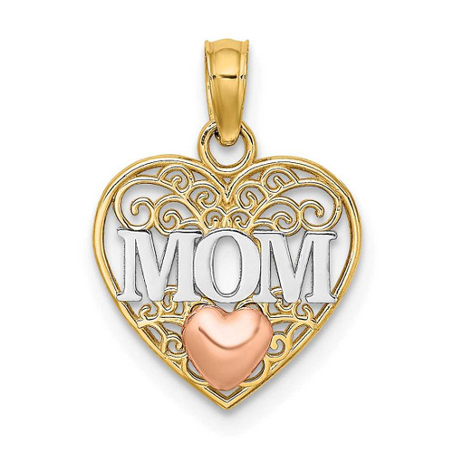 Image of 14k Yellow & Rose Gold with Rhodium Polished Mom & Heart in Heart Pendant