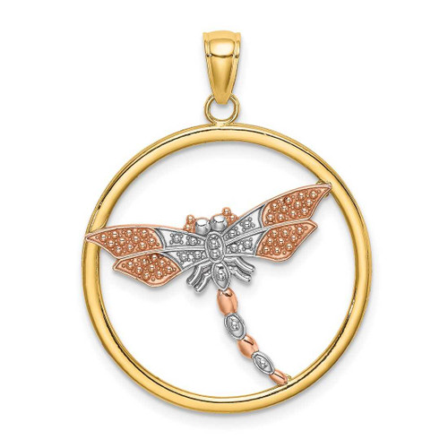 Image of 14k Yellow & Rose Gold with Rhodium Textured Dragonfly in Round Frame Pendant