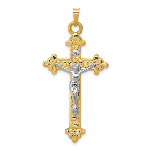 Image of 14K Yellow & White Gold Inri Hollow Fleur De Lis Crucifix Pendant
