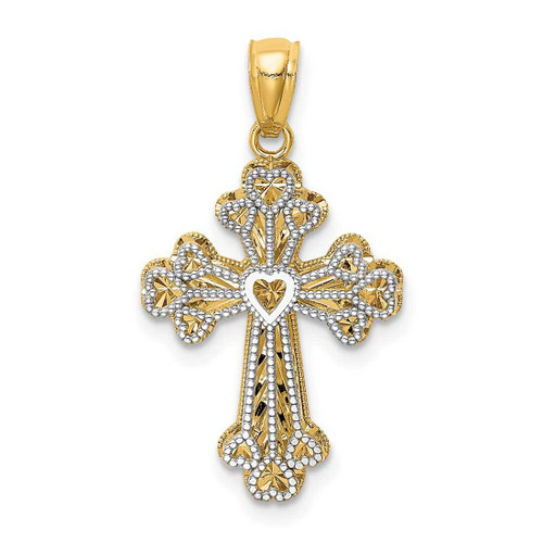 Image of 14K Yellow & White Gold Polished Filigree 2 Level Heart Cross Pendant