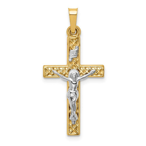 Image of 14K Yellow & White Gold Polished Lattice Textured Inri Crucifix Pendant