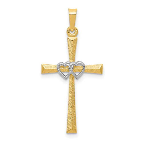 Image of 14K Yellow & White Gold Textured Latin Cross Interlocking Hearts Pendant XR1455