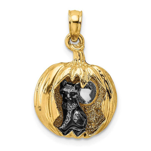 Image of 14K Yellow Gold & Rhodium 3-D Jack-O-Lantern w/Enameled Black Cat & Moon Pendant