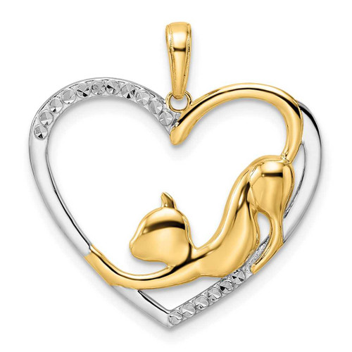 Image of 14k Yellow Gold & White Rhodium Shiny-Cut Cat Stretching in Heart Pendant