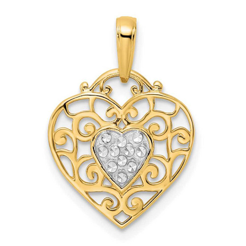 Image of 14k Yellow Gold & White Rhodium Shiny-Cut Filigree Heart Pendant