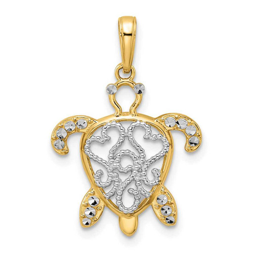 Image of 14k Yellow Gold & White Rhodium Shiny-Cut Filigree Turtle Pendant