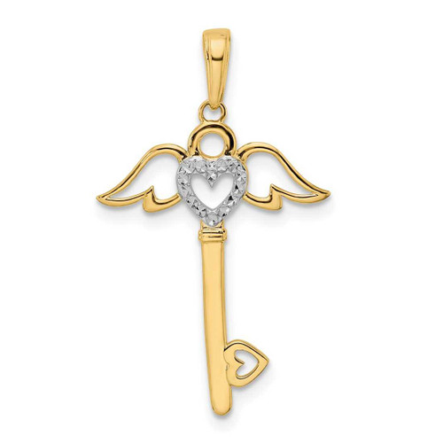 Image of 14k Yellow Gold & White Rhodium Shiny-Cut Heart & Angel Wings Key Pendant