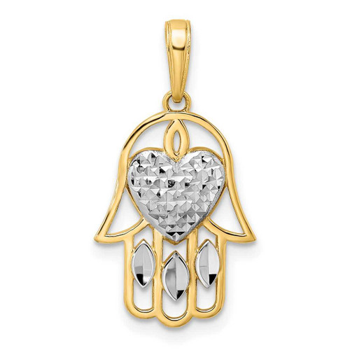 Image of 14k Yellow Gold & White Rhodium Shiny-Cut Heart Hamsa Pendant
