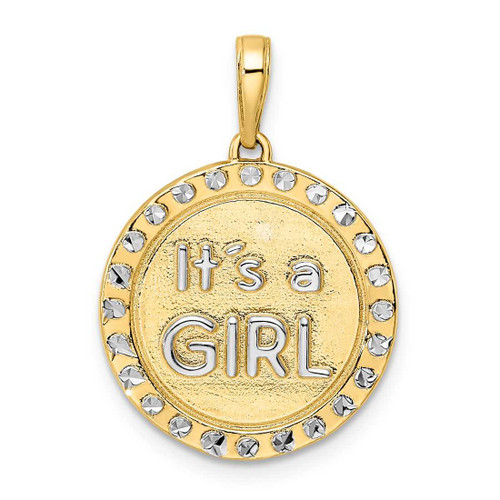 Image of 14k Yellow Gold & White Rhodium Shiny-Cut Its A Girl Round Disc Pendant