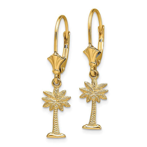 Image of 29.8mm 14K Yellow Gold 2-D & Textured Mini Palmetto Palm Tree Leverback Earrings