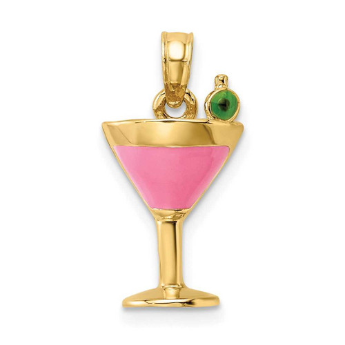 Image of 14K Yellow Gold 2-D Pink Enameled Cosmo Martini w/ Olive Pendant