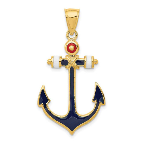 Image of 14K Yellow Gold 2-D Red, White, & Blue Enameled Anchor Pendant