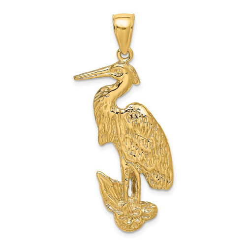 Image of 14K Yellow Gold 2-D Textured Egret Bird Standing Pendant